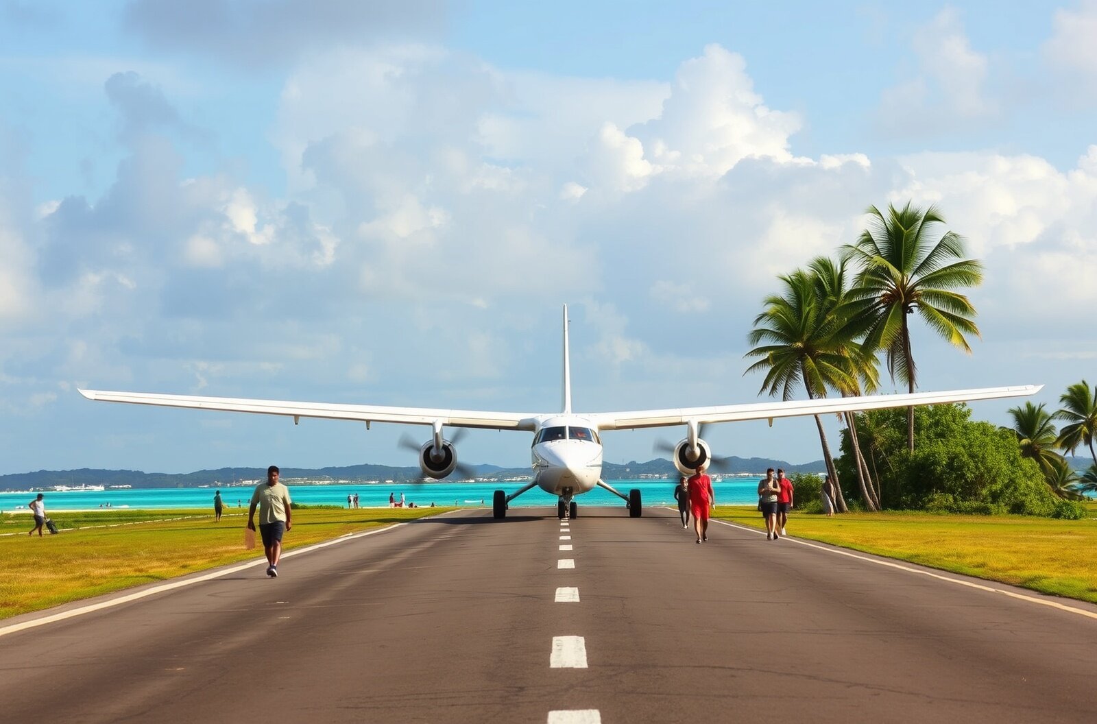 Funafuti airstrip with people