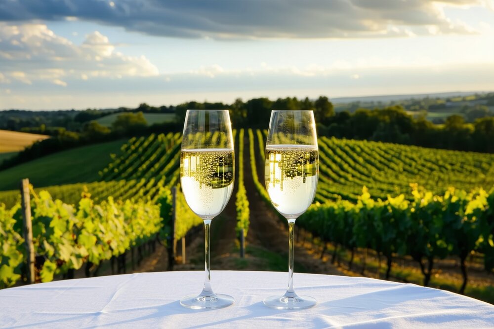 Flute glasses of English sparkling wine overlooking South Downs vineyards in Sussex