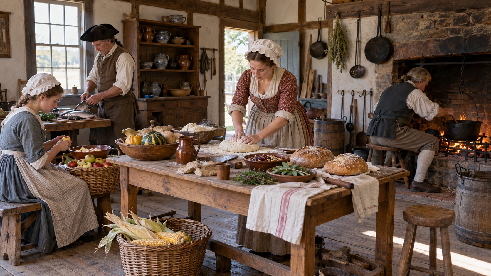 Illustrative 1770s American household preparing food in a bright colonial kitchen