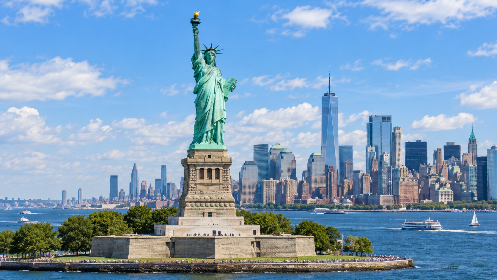 AI-generated editorial illustration of the Statue of Liberty and New York Harbor