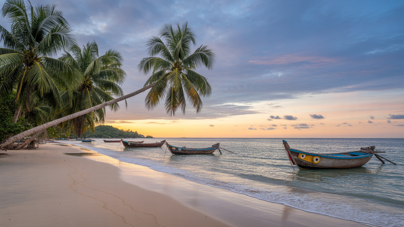 Phu Quoc white sand beach with palms and sunset