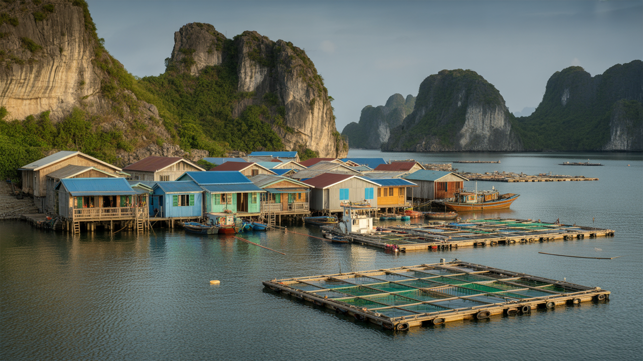 Floating fishing village in Ha Long Bay with limestone karsts