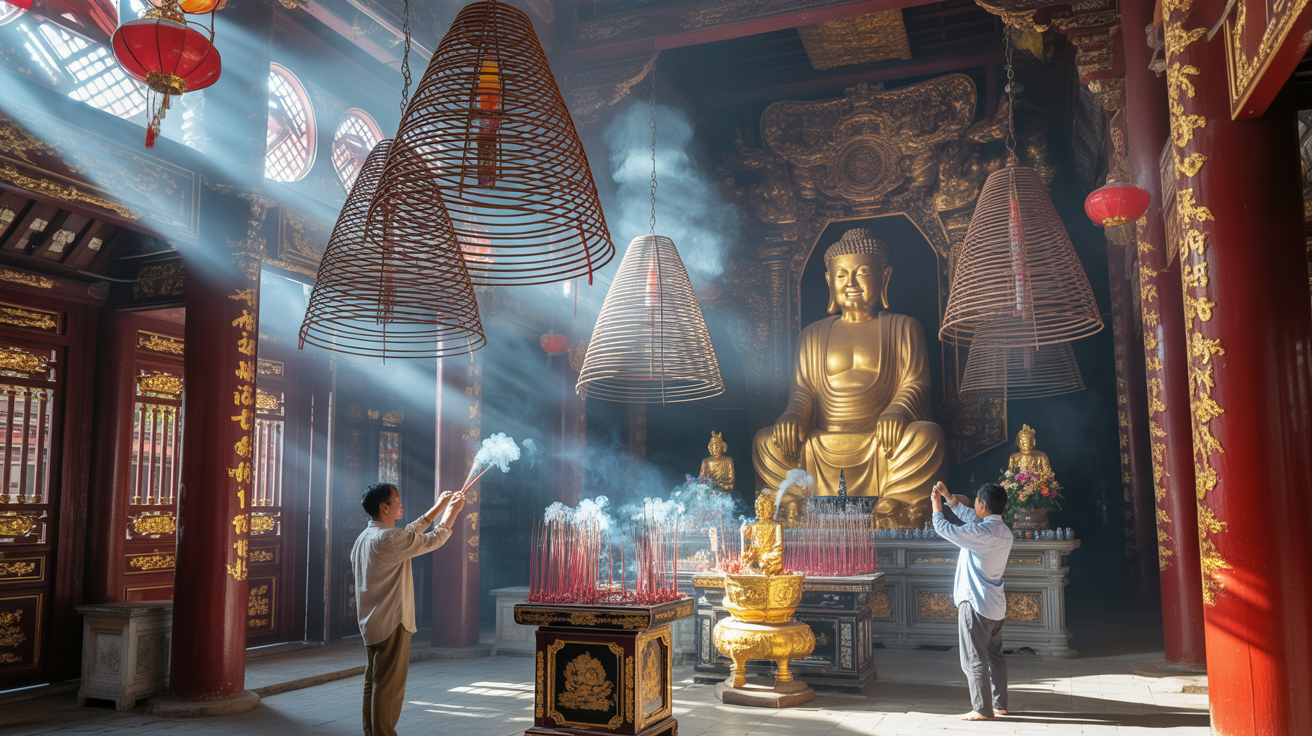 Vietnamese Buddhist temple with incense coils