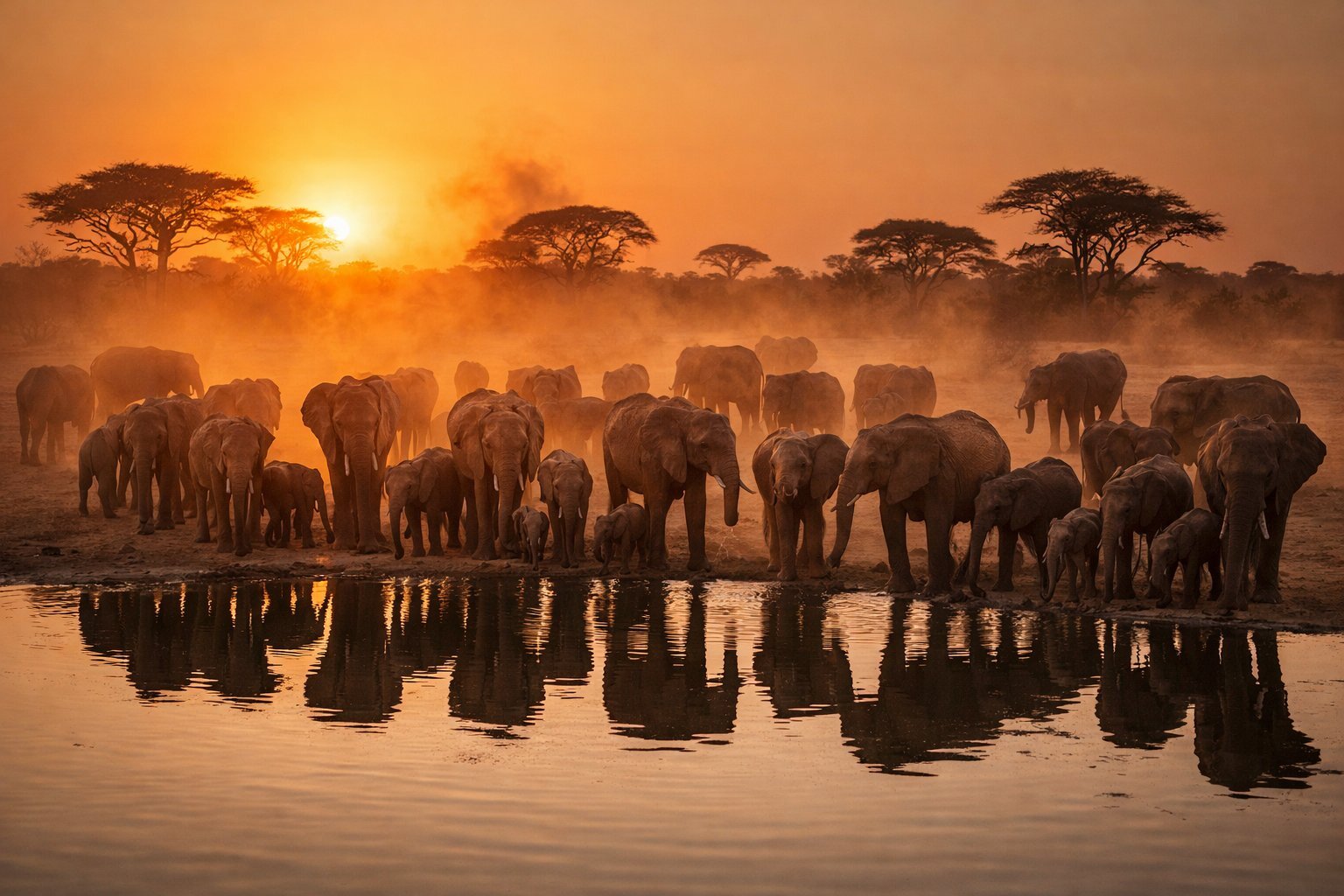 Elephant herd at Hwange National Park waterhole
